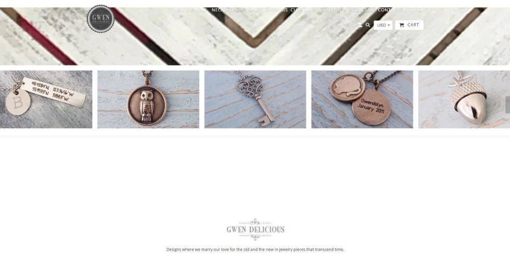 Screenshot of Gwen Delicious homepage for Katana's best Shopify jewelry stores.