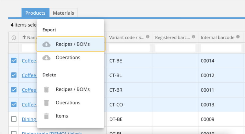 You can now bulk export, delete, and import your product recipes or BOMs