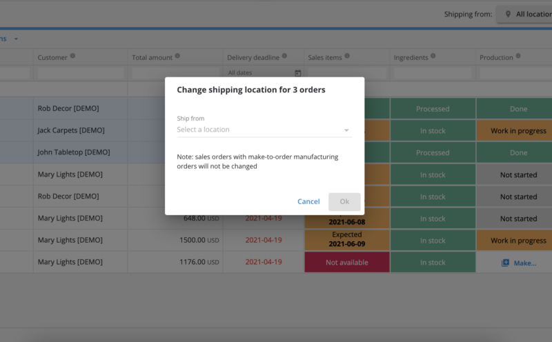 Change shipping location for multiple sales orders in one go