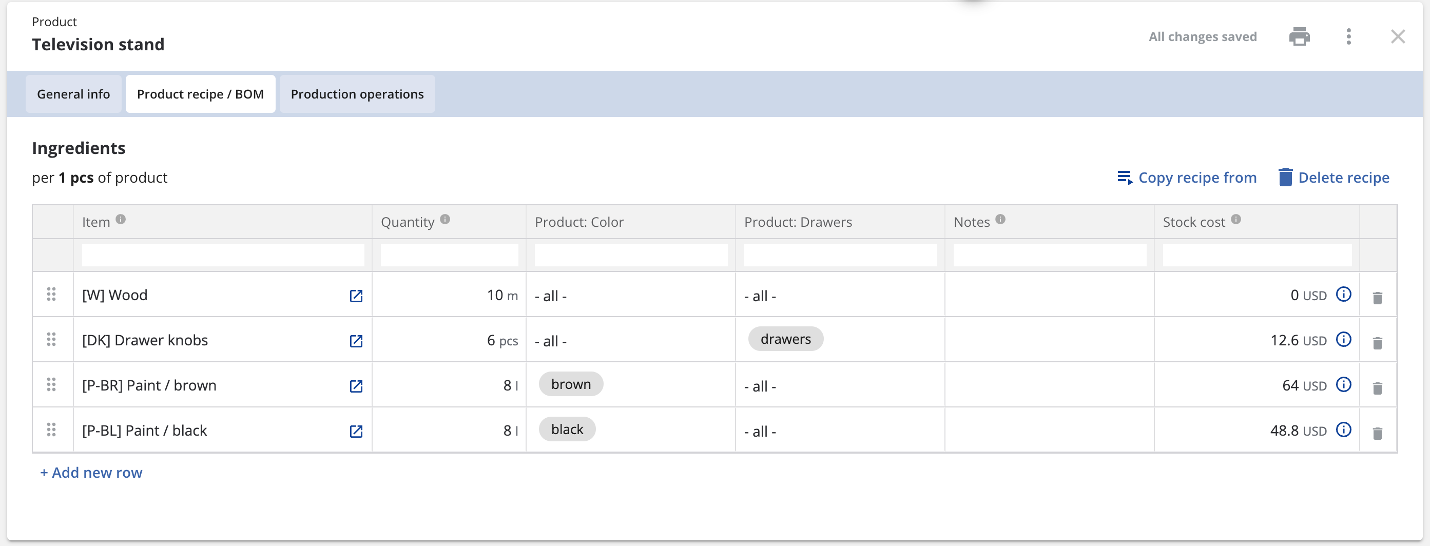 Screenshot of Katana showing a bill of materials (BOM) for a television stand