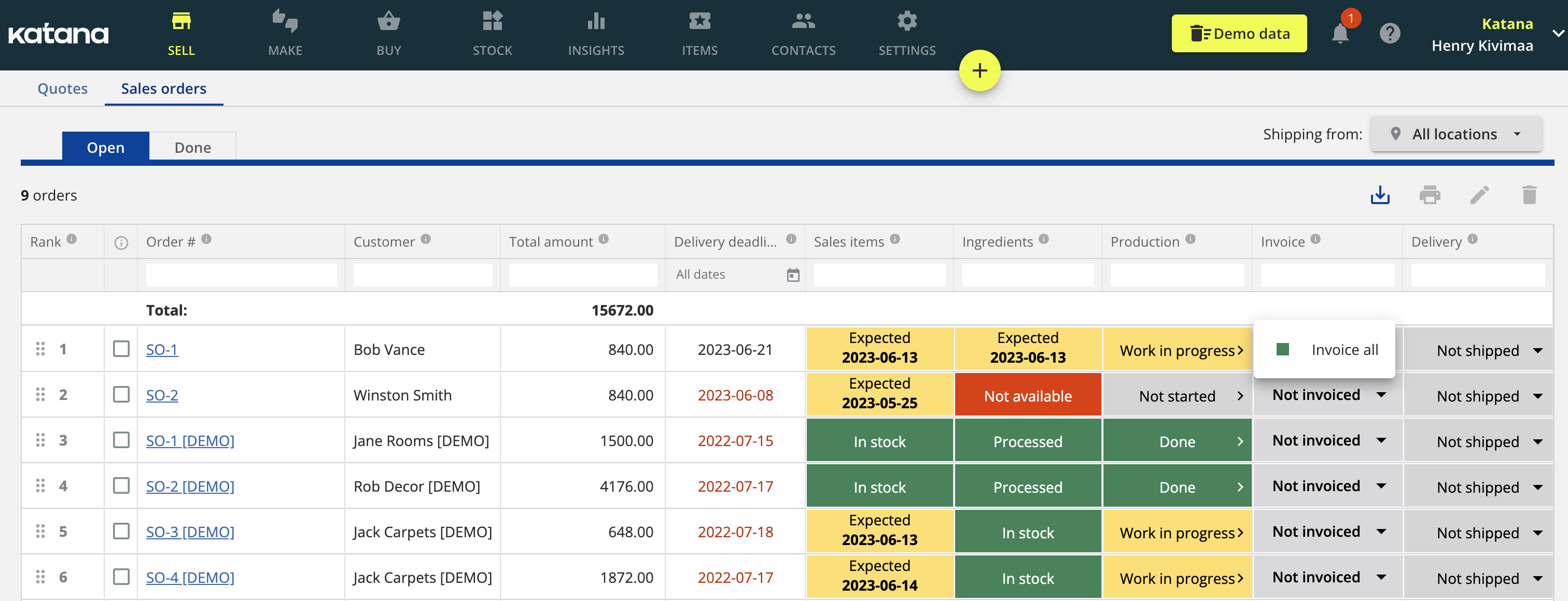 Screenshot of Katana's sale screen showing open sales orders