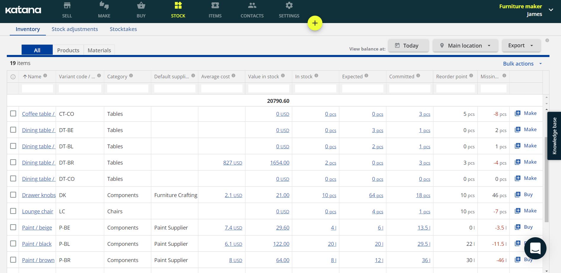 Product screenshot of Katana ERP software - Items list.