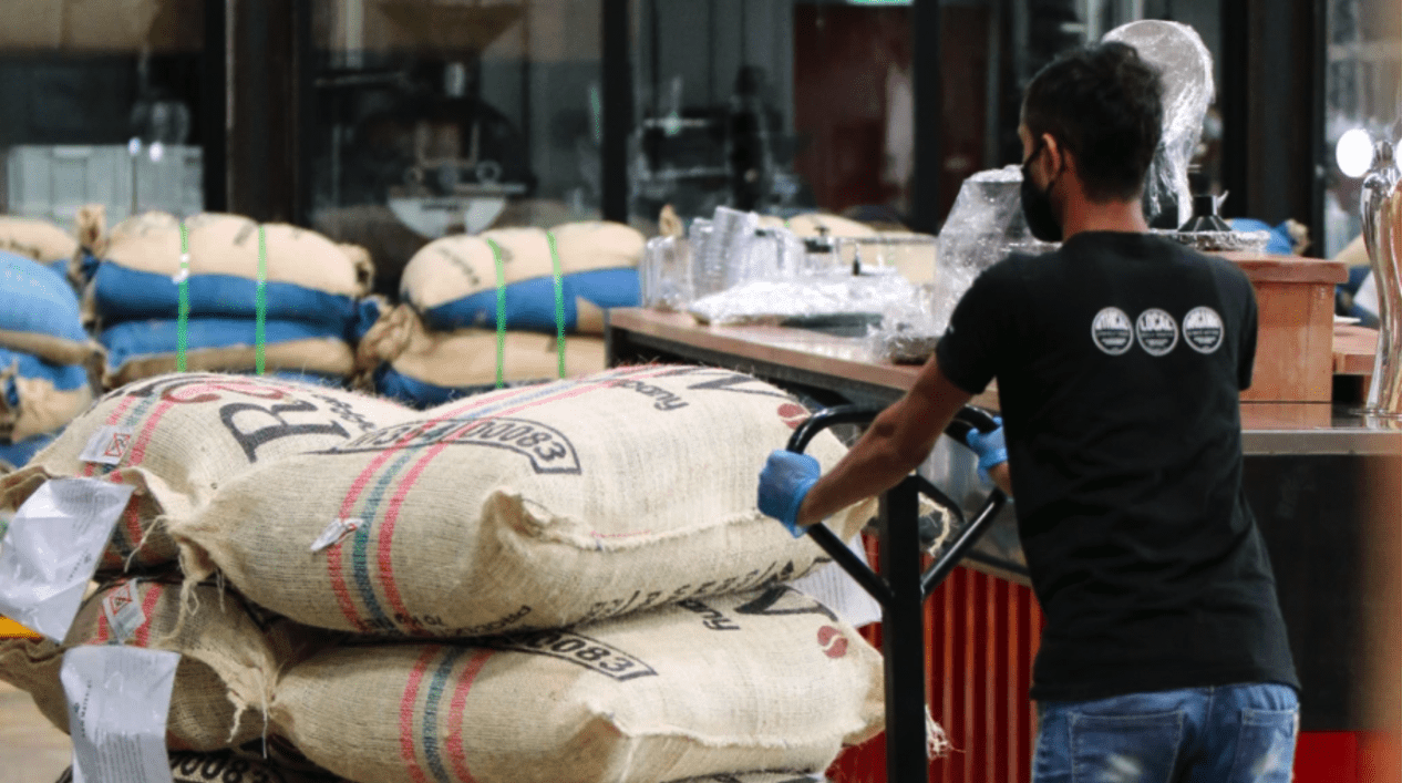 Coffee bean bags on a stroller