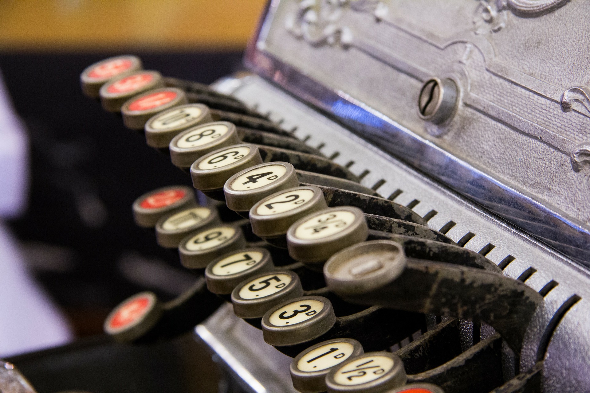 Keys of an antique cash register. 