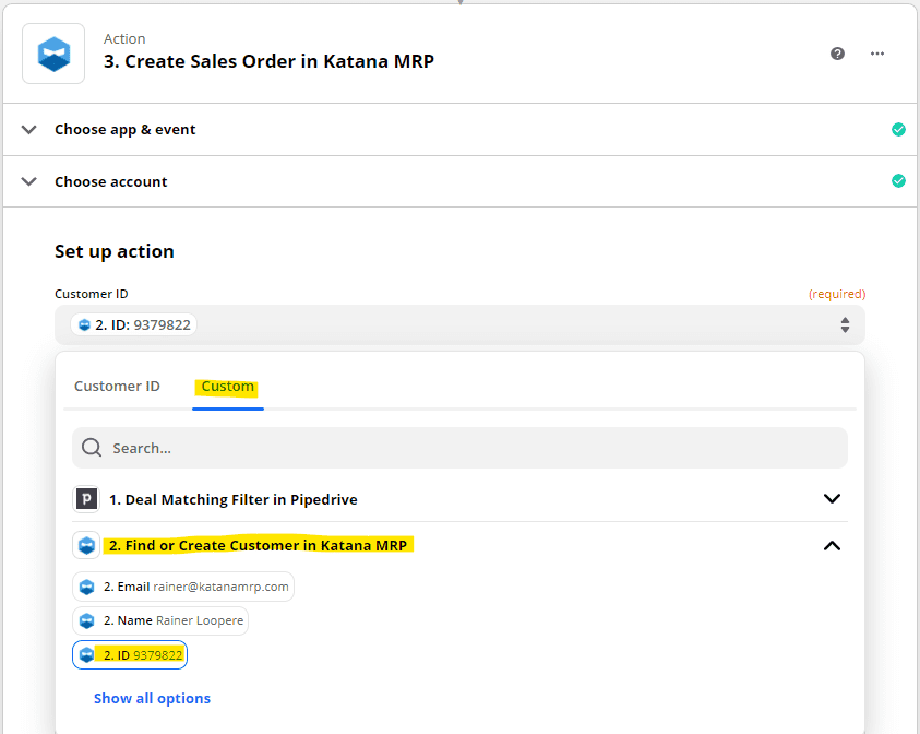 Zapier Katana x Pipedrive setup screenshot - step 8