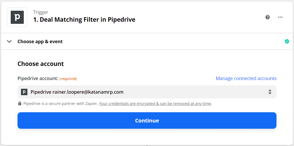 Zapier Katana x Pipedrive setup screenshot - step 4