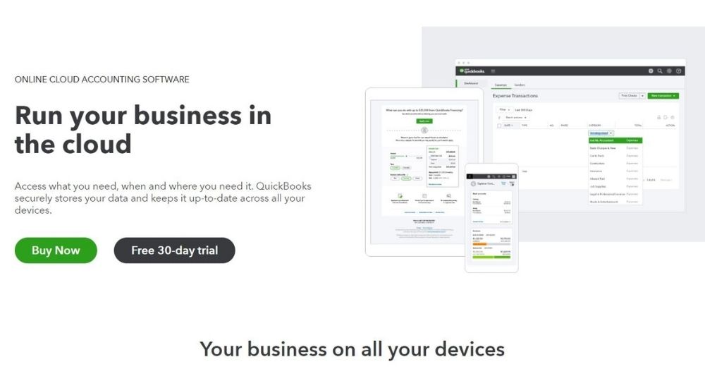 Screenshot of QuickBooks Online homepage. 