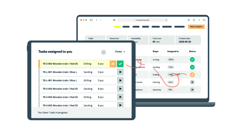 Katana ERP software running on a laptop and a tablet