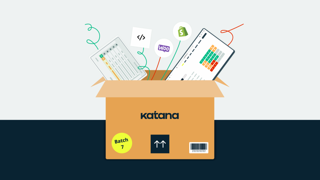 Graphic design of features springing out of a Katana parcel, representing the amount of features Katana manufacturing ERP has.