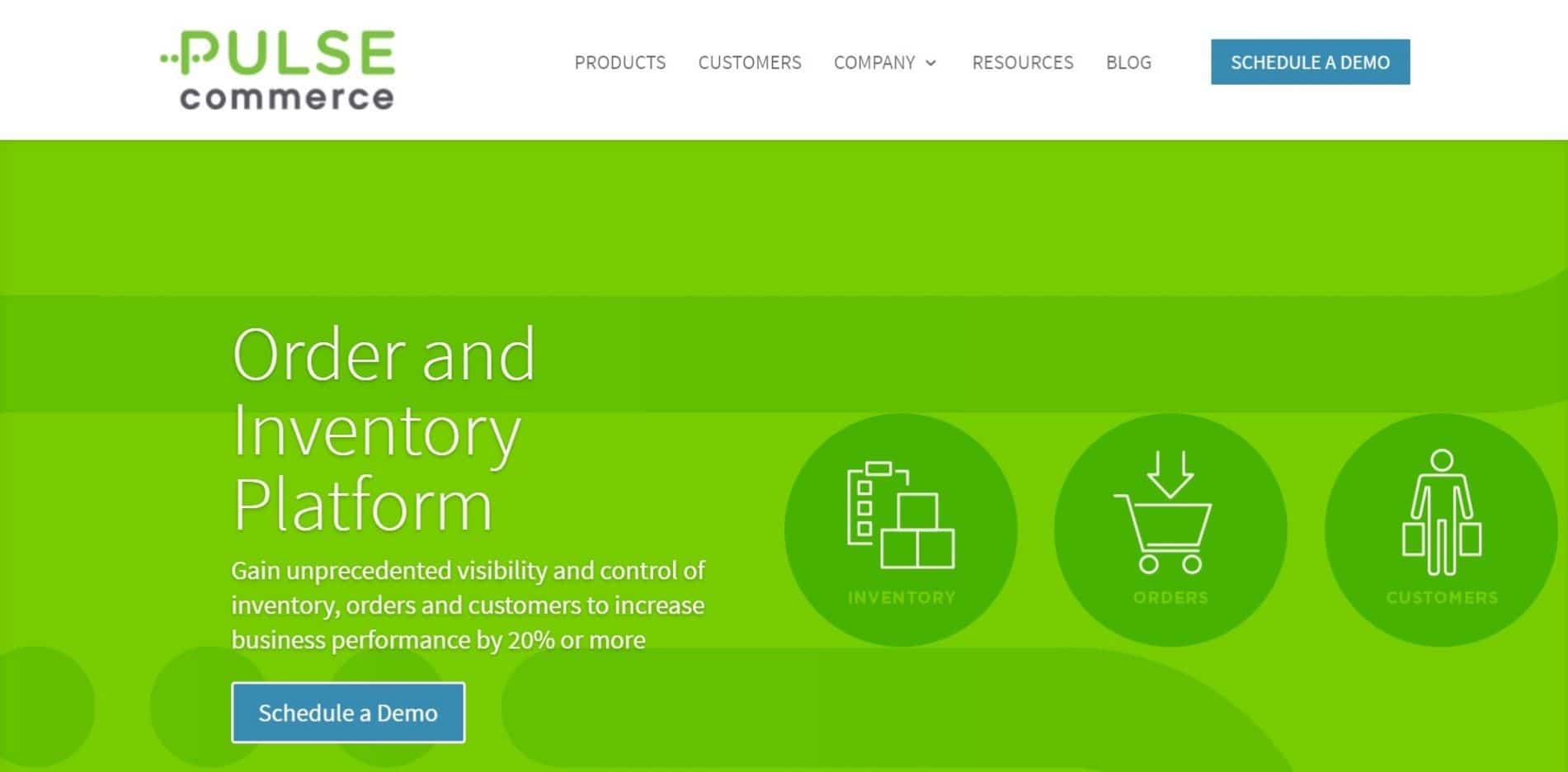 Screenshot of website homepage of inventory management software BigCommerce solution Pulse Commerce.