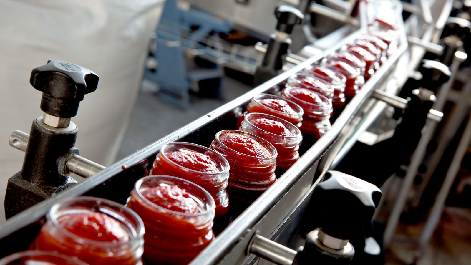 Jars of condiments on a conveyor belt in a factory