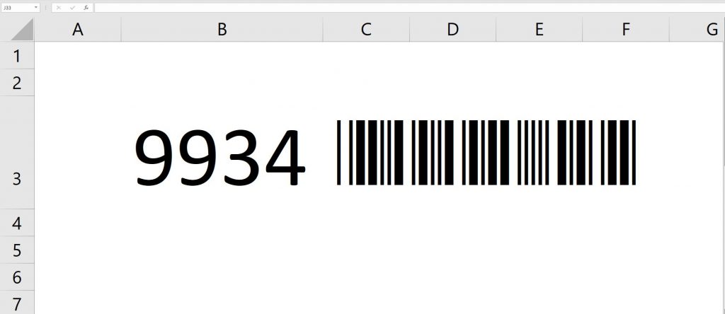 Closeup of Excel cells with "9934" typed in to one cell and a barcode generated after
