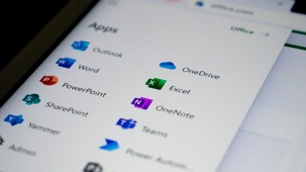 Closeup of a screen listing Microsoft Office apps