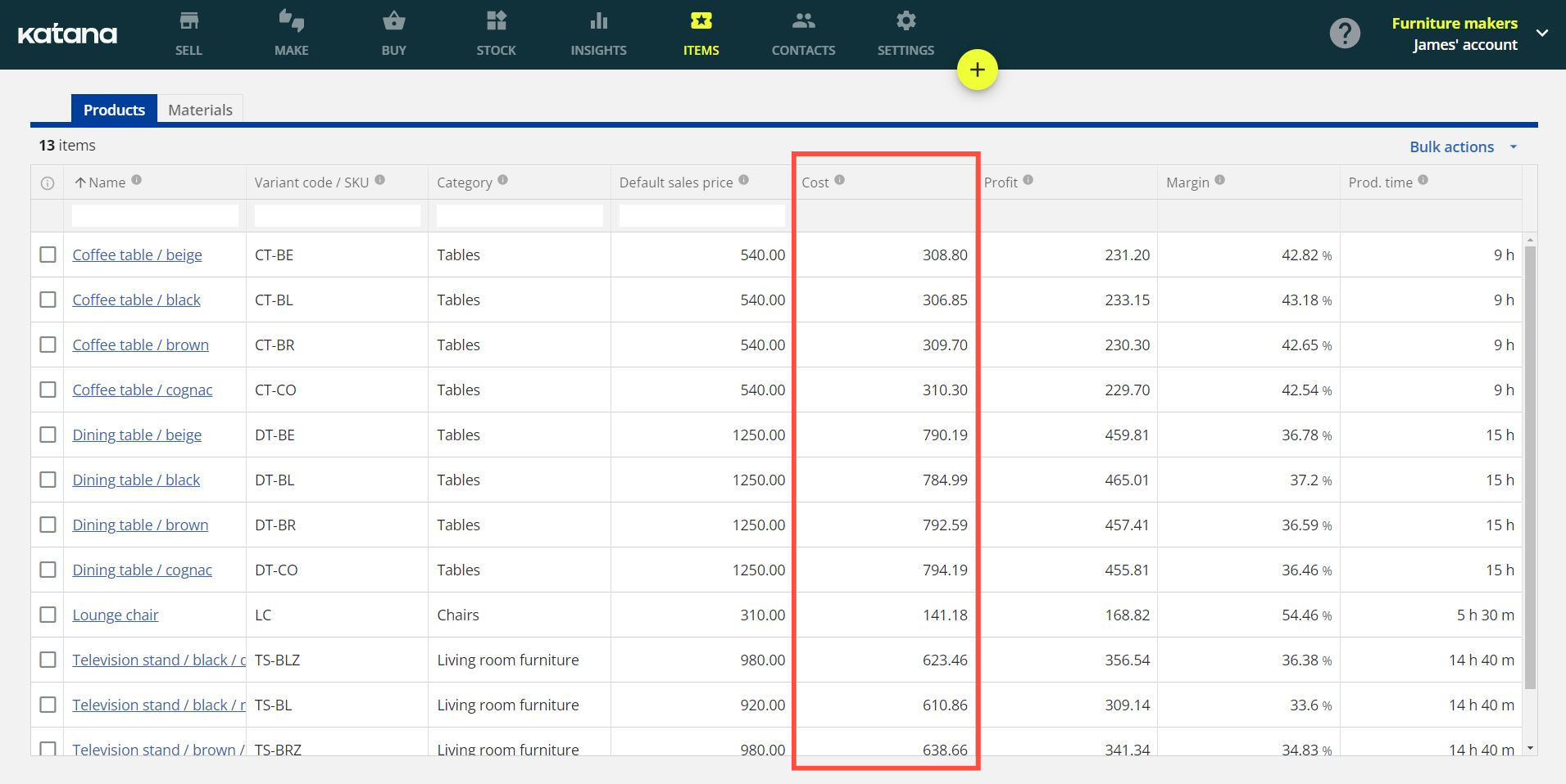 A screenshot highlighting how Katana manufacturing ERP breaks down cost calculations.