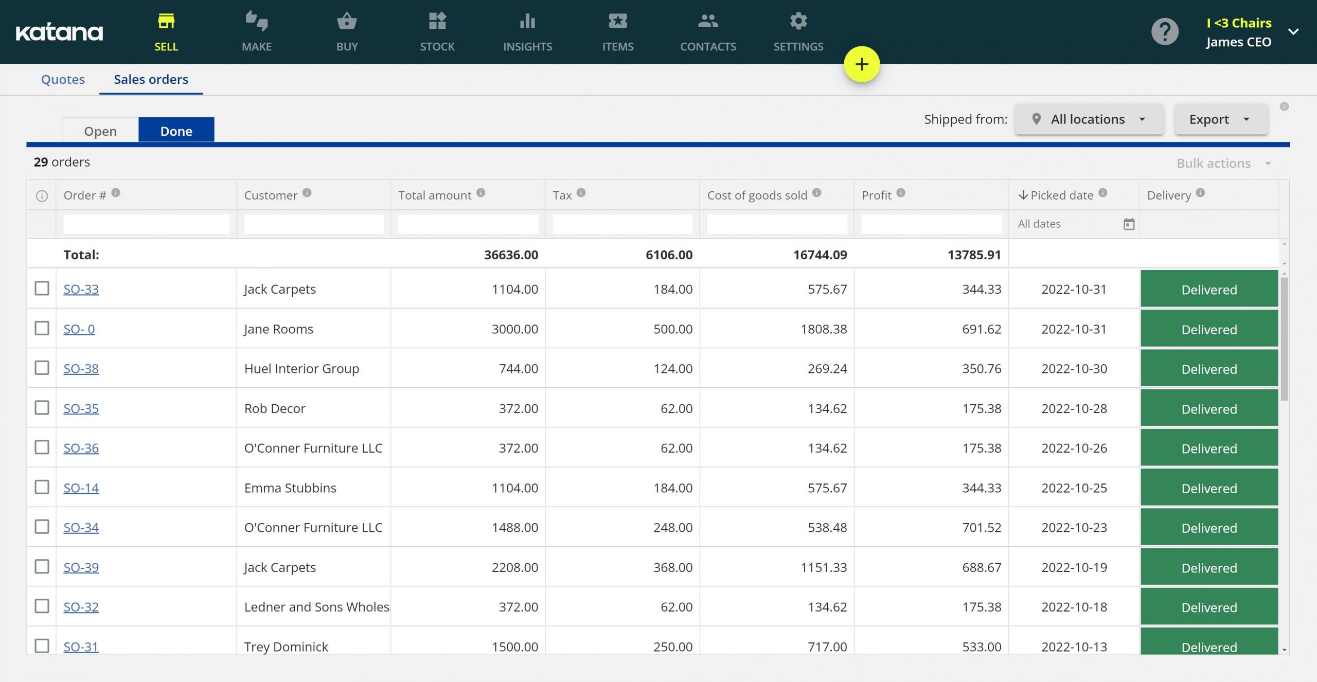 Screenshot of Katana ERP manufacturing software showing completed sales and the associated total manufacturing costs.
