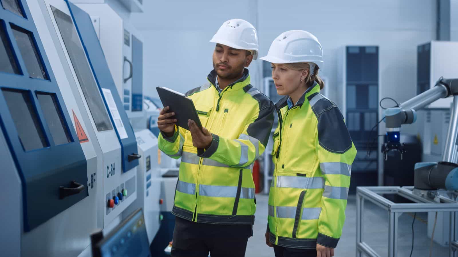 Two workers wearing high-vis and safety equipment monitor the operations in manufacturing with their smart devices.