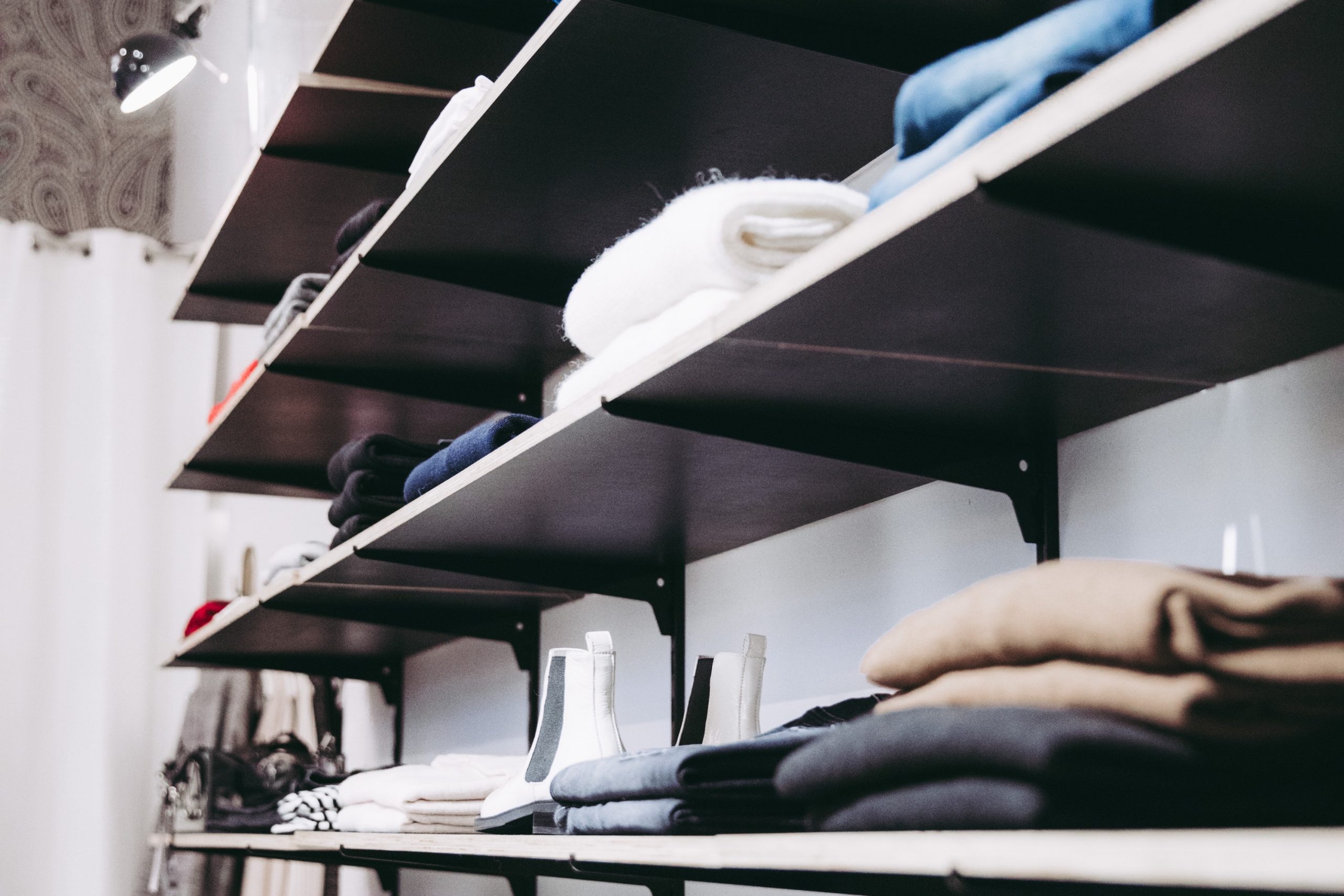 Nicely organized shelf with clothing articles