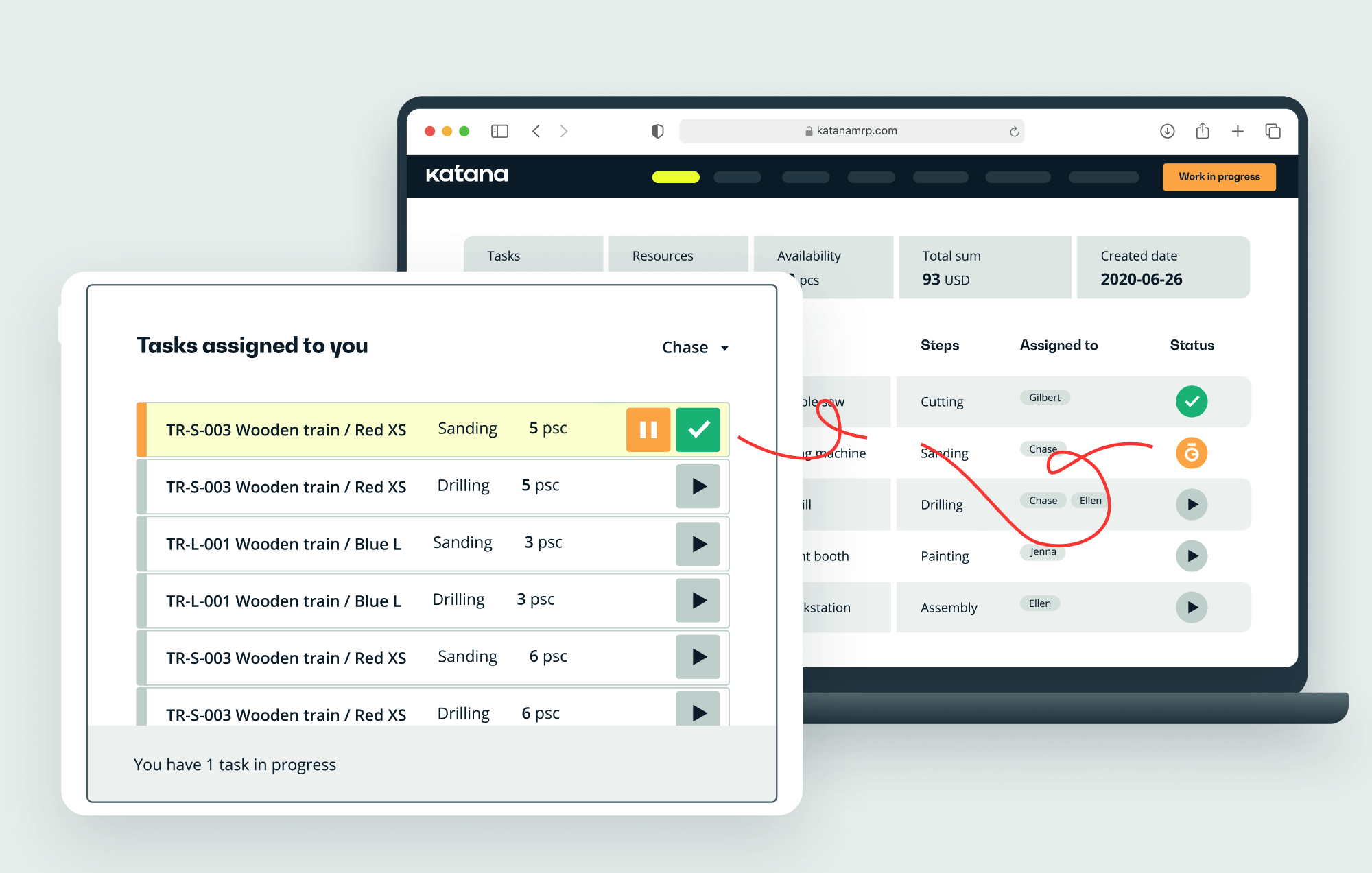 Katana ERP software running on a laptop and a tablet