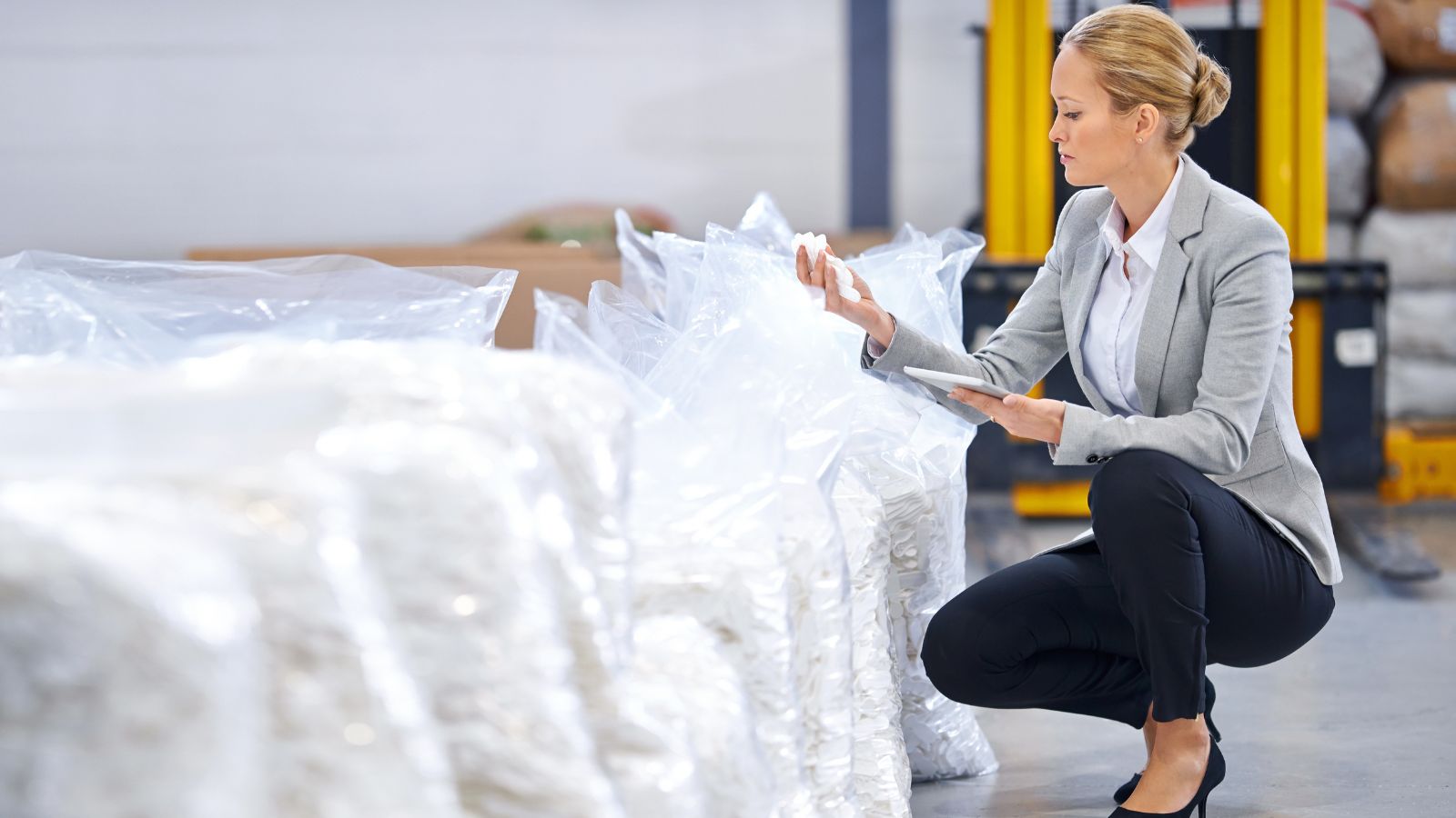 A manager inspects a delivery of raw materials with her MRP software as a part of her MRP process.