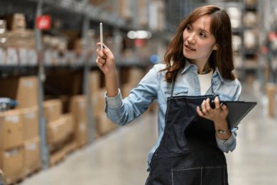 A woman inspects inventory levels as a part of a company's purchase order process.