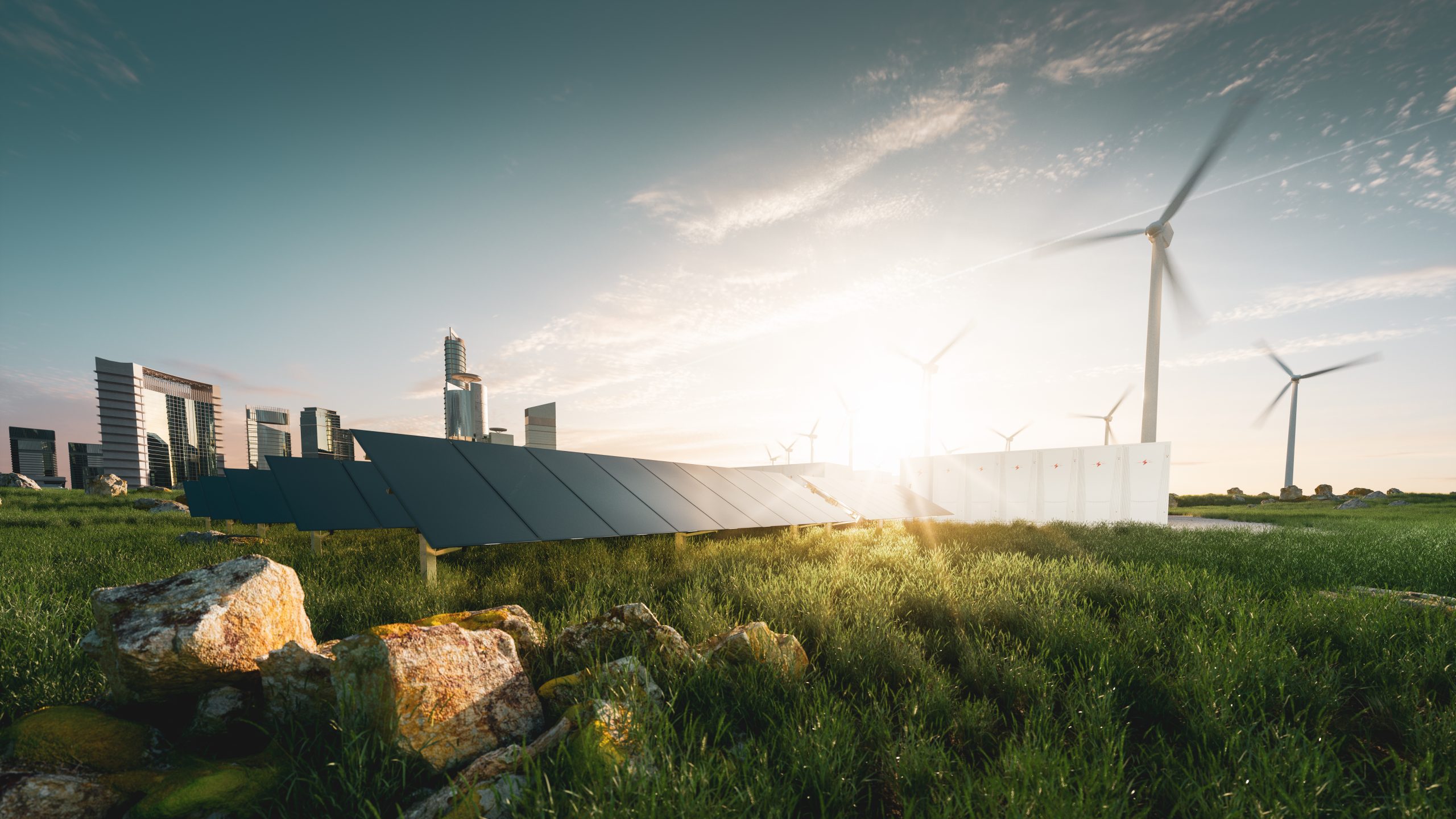 Solar panels and wind turbines on a green field