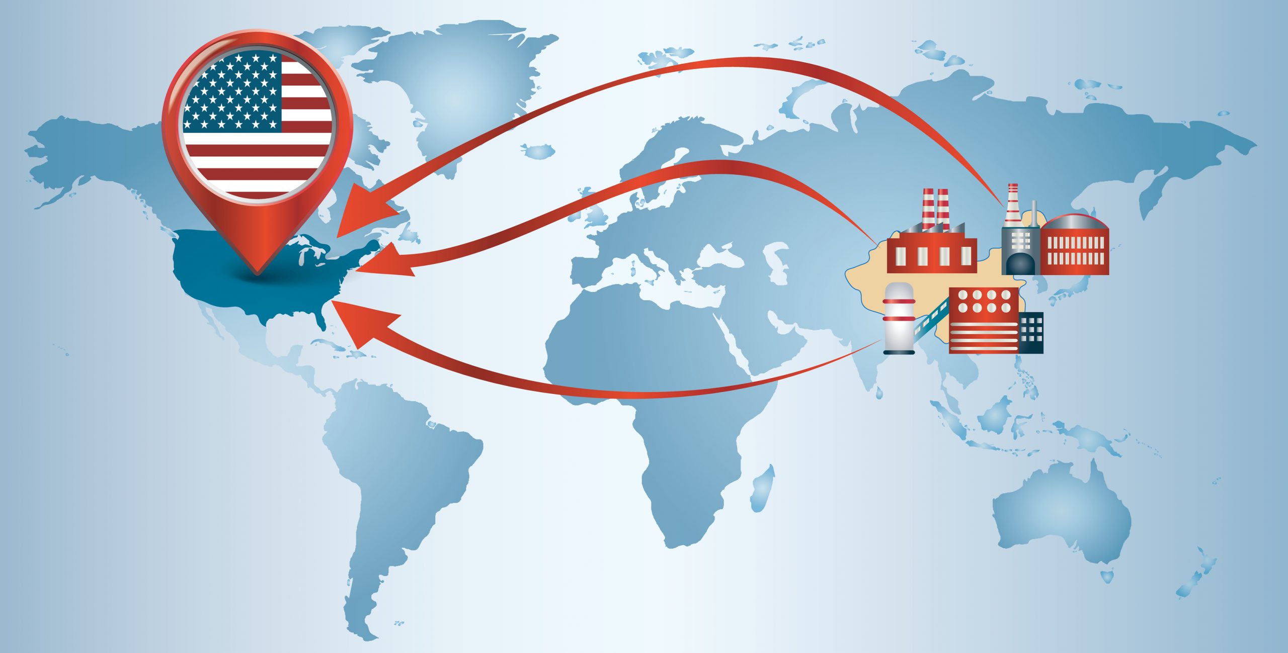 Map of the world showing factories in Asia with arrows pointing to US