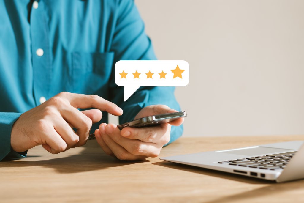 User leaving a rating for a product or a service using a smartphone