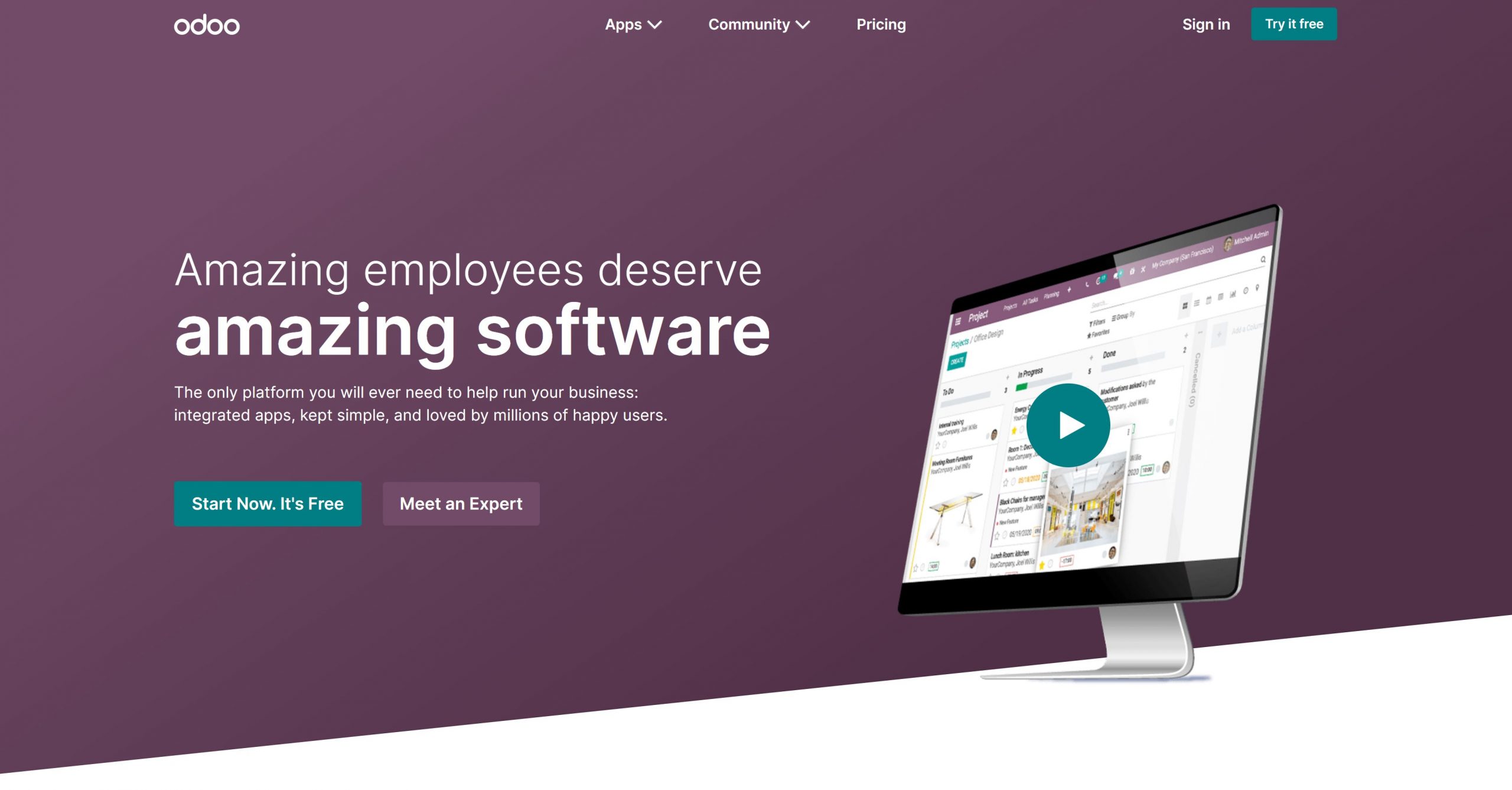 Screenshot of Odoo manufacturing ERP software homepage.