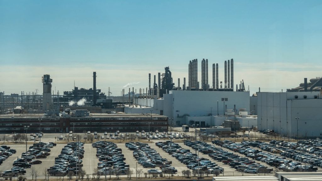 A landscape picture of the Ford factory plant in Michigan. 