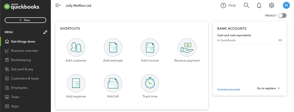 The main screen of QuickBooks Online