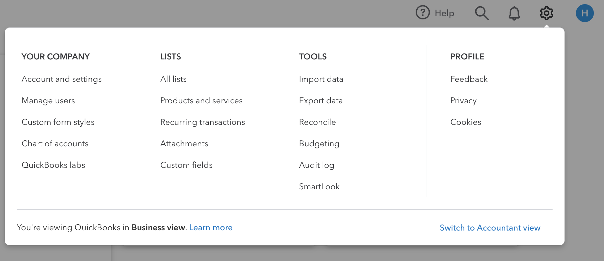 Screenshot of QuickBooks Online settings menu