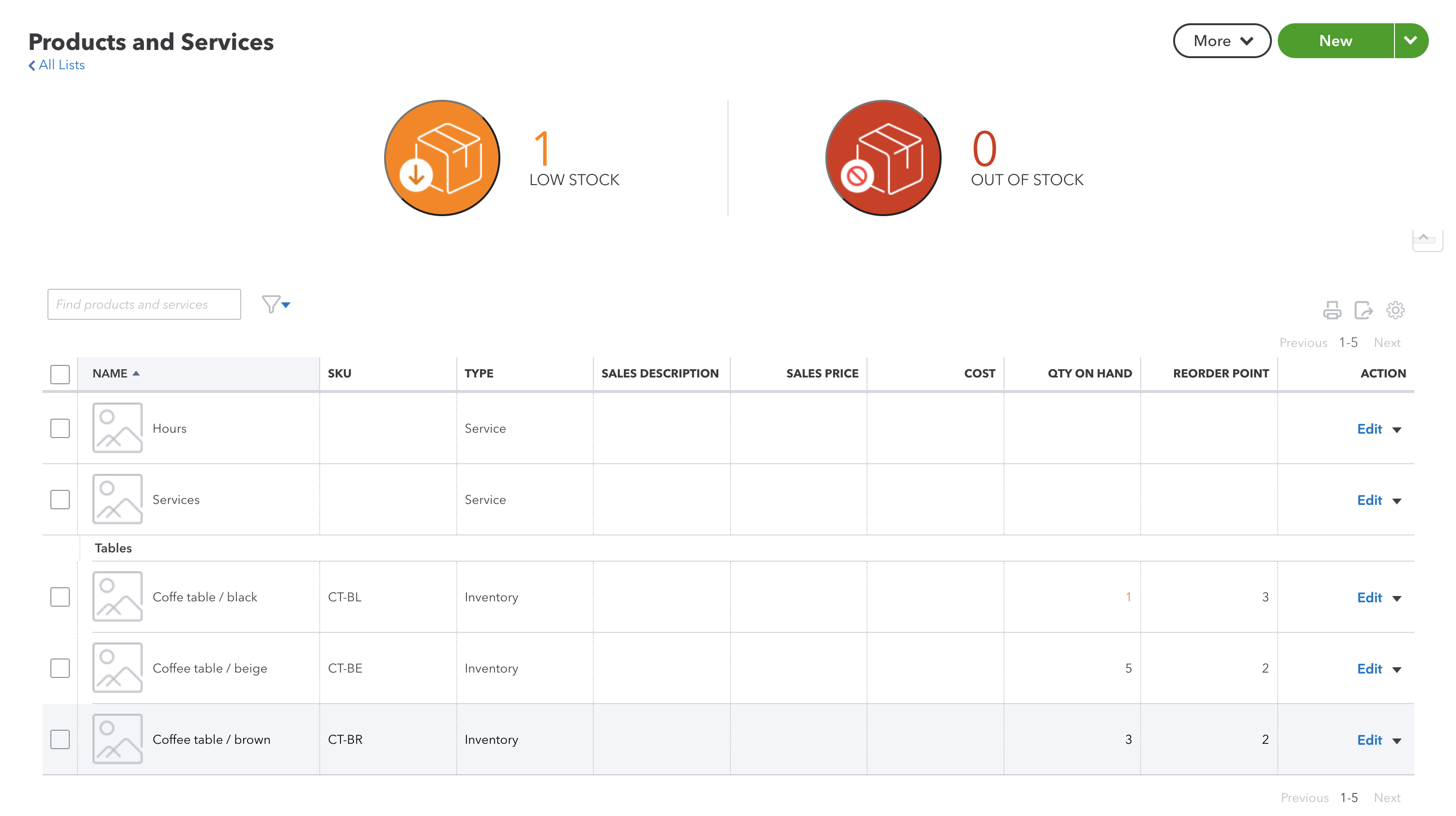 Screenshot of QuickBooks Online products and services