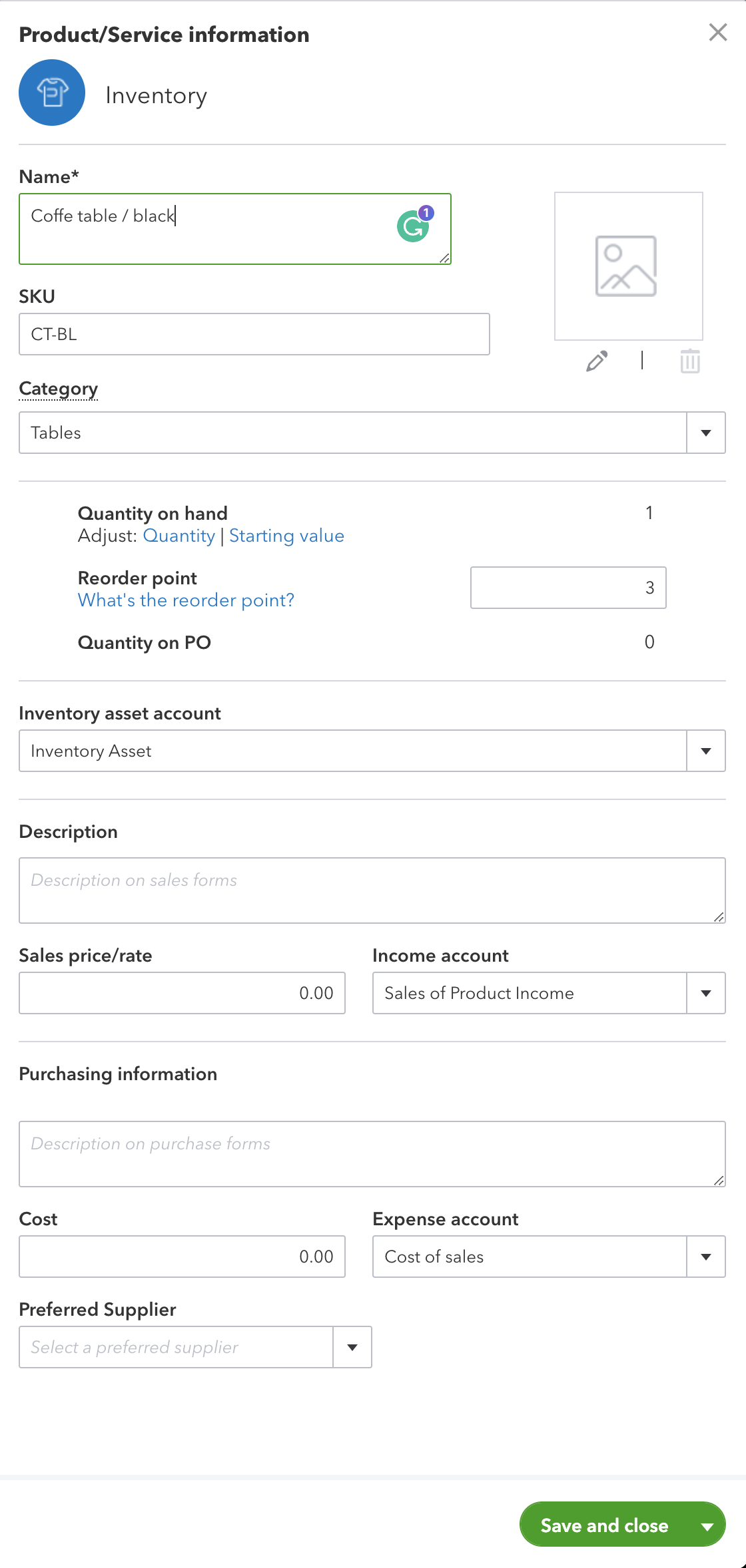 Screenshot of QuickBooks Online products and services information view