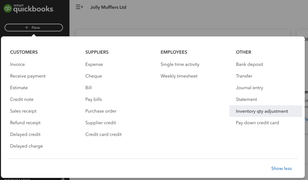 Screenshot of QuickBooks Online new Inventory QTY adjustment menu