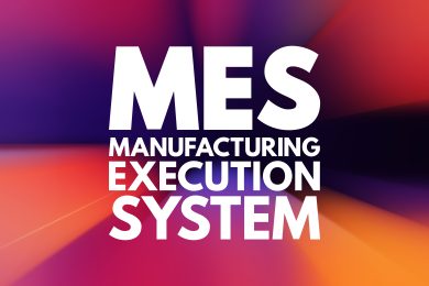 Graphic displaying MES in large font and below it Manufacturing execution system in smaller font