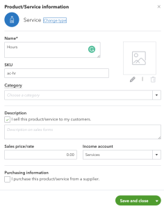 Screenshot of QuickBooks Online products and services information view — Service