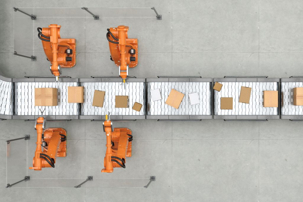Packages on conveyor belt in industrial logistics center from above (3D Rendering)