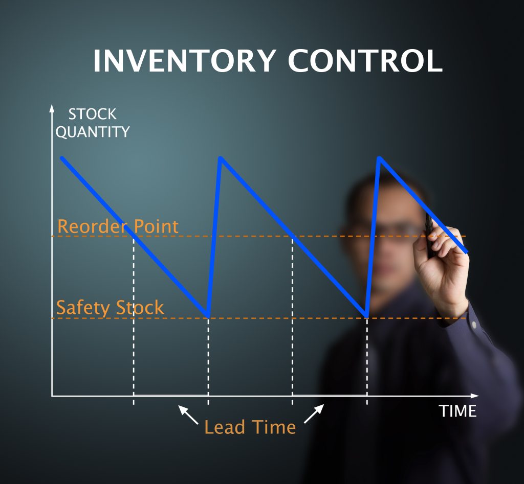A man drawing inventory control chart on a glass board