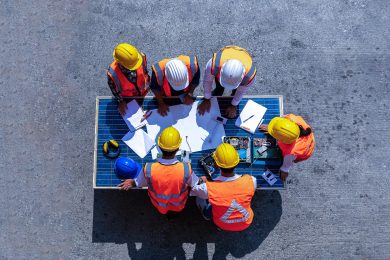 Top view of workers wearing safety gear around a table looking at the production plan
