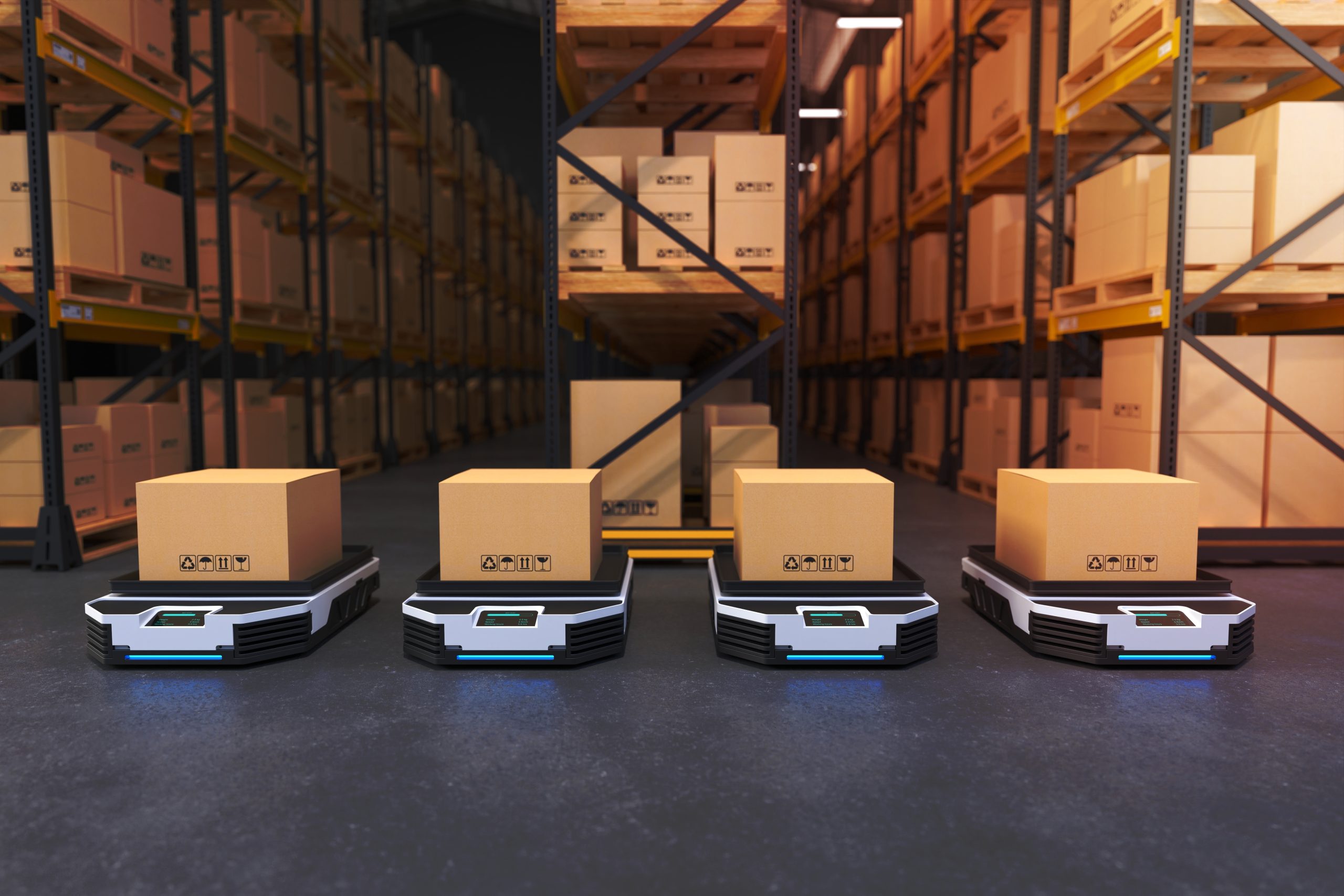 Four autonomous transportation robots carrying boxes in a warehouse