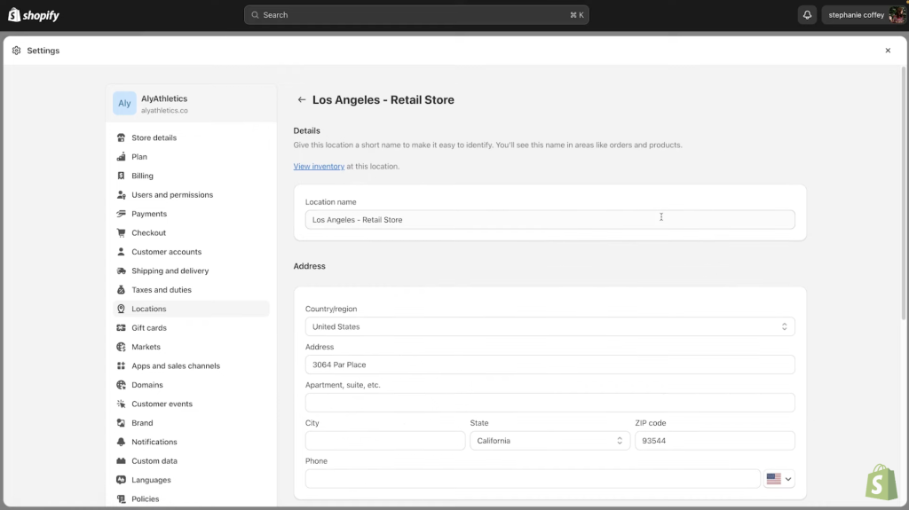 Screenshot of Shopify showing multilocation settings