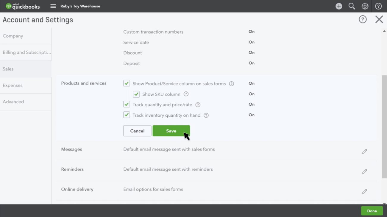 Screenshot of QuickBooks Online, showing how to turn on inventory tracking