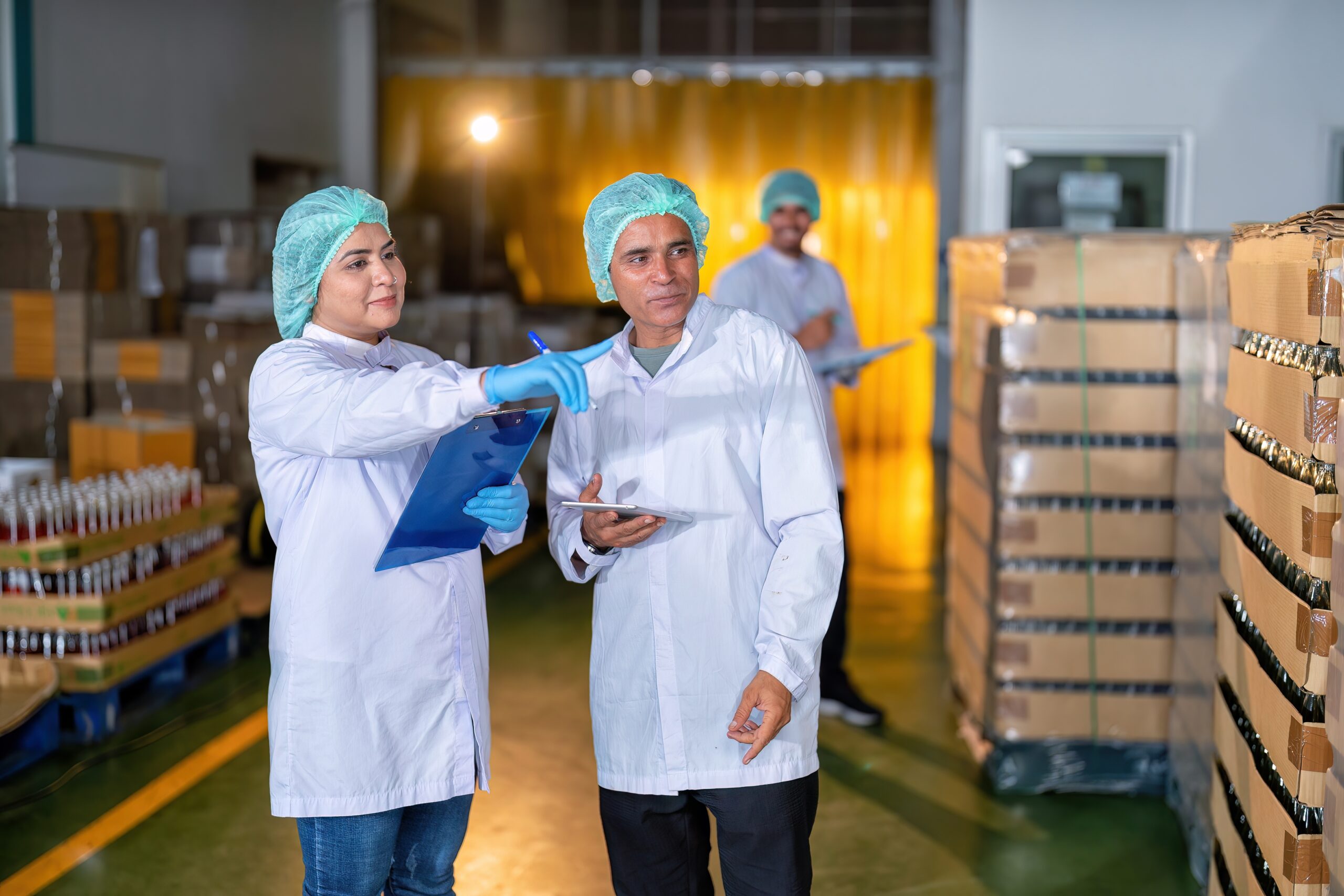 Two workers checking pharmaceutical products in a warehouse
