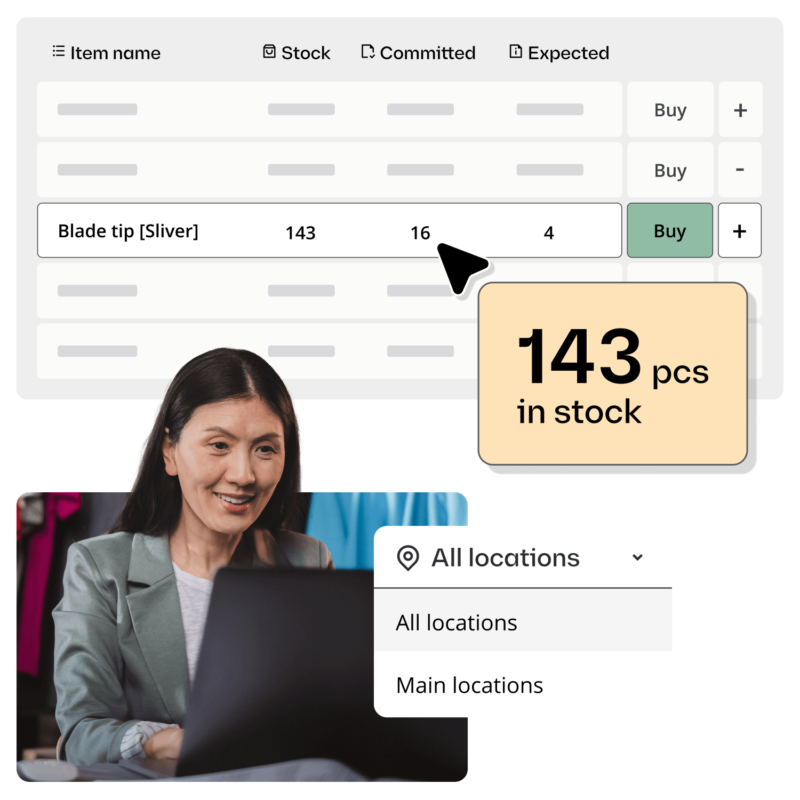 Katana manufacturing system showing production order table with tasks, deadlines, and statuses plus task card view to track shop floor progress in real time