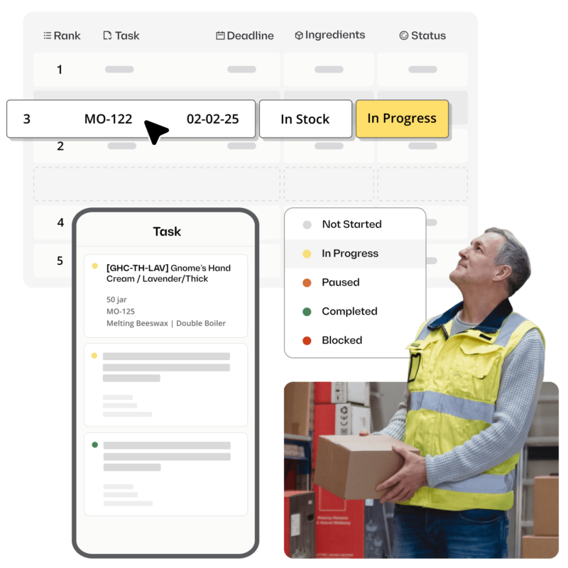 Katana manufacturing system showing production order table with tasks, deadlines, and statuses plus task card view to track shop floor progress in real time